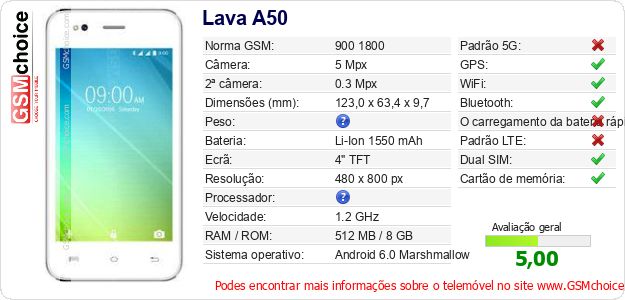 Lava A50 Especificações técnicas do telemóvel Lava A50 Especificações técnicas do telemóvel