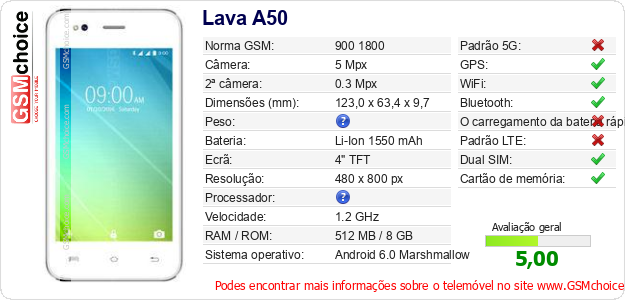Lava A50 Especificações técnicas do telemóvel 