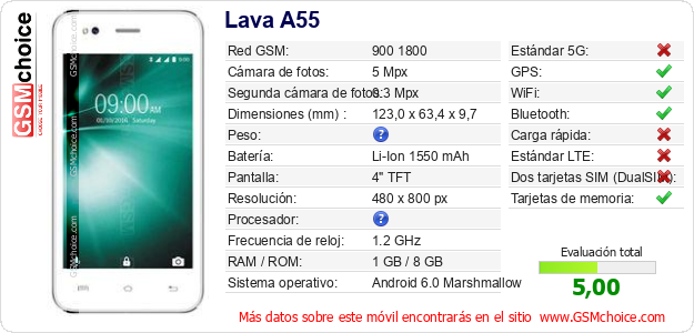 Lava A55 Datos técnicos del móvil Lava A55 Datos técnicos del móvil