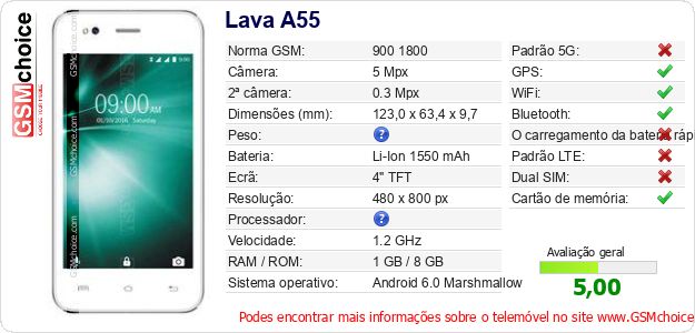 Lava A55 Especificações técnicas do telemóvel Lava A55 Especificações técnicas do telemóvel