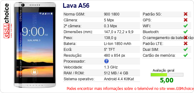 Lava A56 Especificações técnicas do telemóvel 