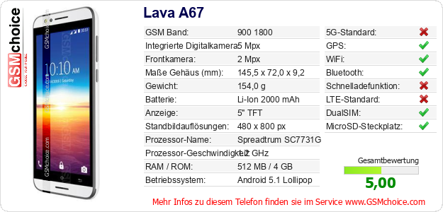 Lava A67 technische Daten Lava A67 technische Daten