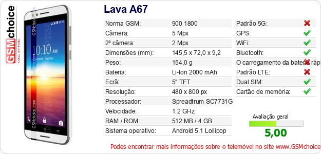 Lava A67 Especificações técnicas do telemóvel 