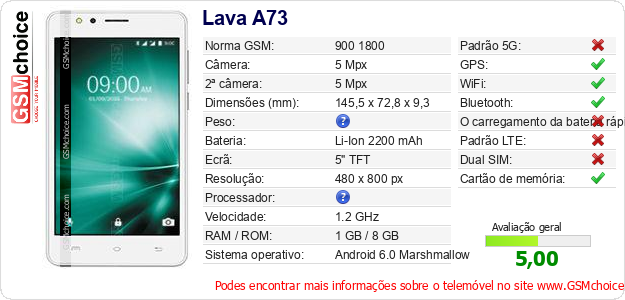 Lava A73 Especificações técnicas do telemóvel Lava A73 Especificações técnicas do telemóvel