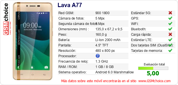Lava A77 Datos técnicos del móvil Lava A77 Datos técnicos del móvil