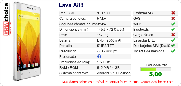 Lava A88 Datos técnicos del móvil Lava A88 Datos técnicos del móvil