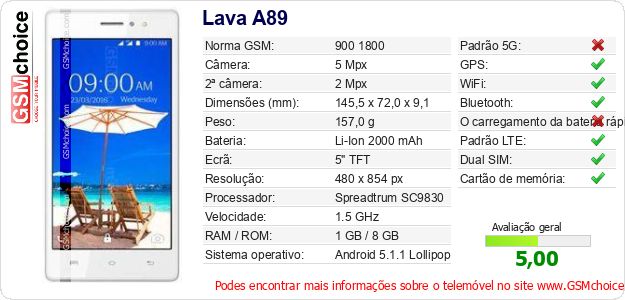 Lava A89 Especificações técnicas do telemóvel 