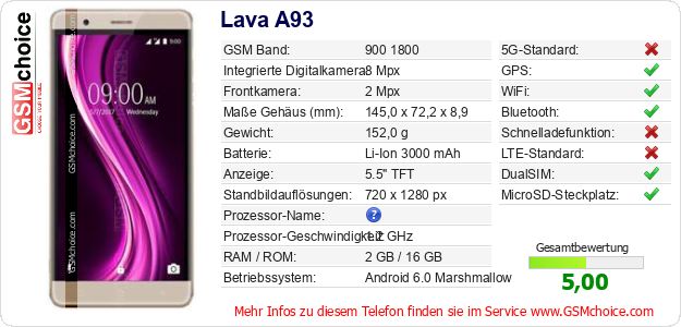 Lava A93 technische Daten Lava A93 technische Daten
