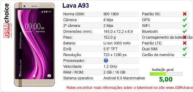 Lava A93 Especificações técnicas do telemóvel Lava A93 Especificações técnicas do telemóvel