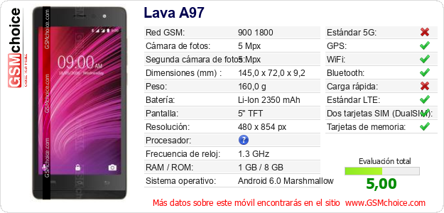 Lava A97 Datos técnicos del móvil Lava A97 Datos técnicos del móvil