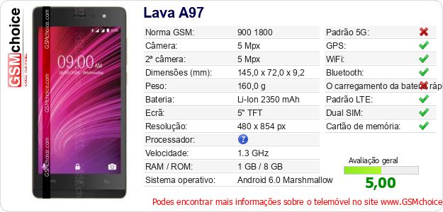 Lava A97 Especificações técnicas do telemóvel Lava A97 Especificações técnicas do telemóvel