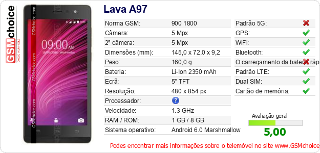 Lava A97 Especificações técnicas do telemóvel 