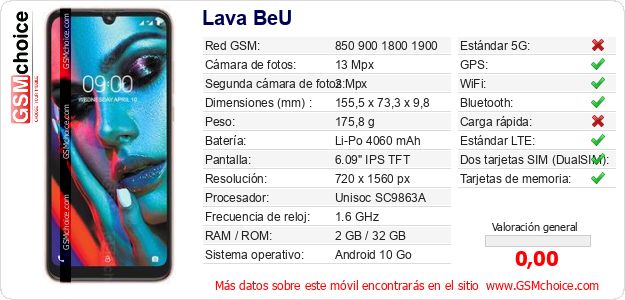 Lava BeU Datos técnicos del móvil Lava BeU Datos técnicos del móvil