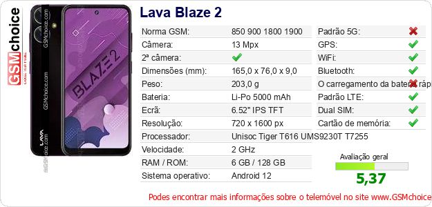Lava Blaze 2 Especificações técnicas do telemóvel Lava Blaze 2 Especificações técnicas do telemóvel
