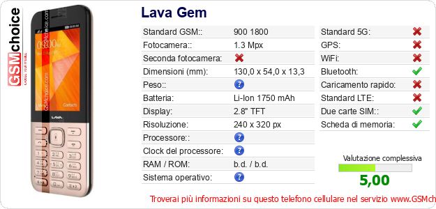 Lava Gem Dati tecnici di telefono cellulare Lava Gem Dati tecnici di telefono cellulare