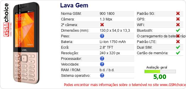 Lava Gem Especificações técnicas do telemóvel Lava Gem Especificações técnicas do telemóvel
