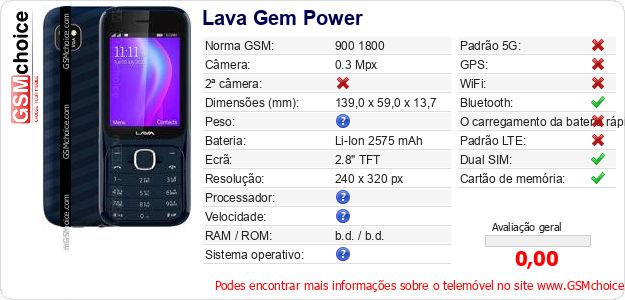Lava Gem Power Especificações técnicas do telemóvel Lava Gem Power Especificações técnicas do telemóvel