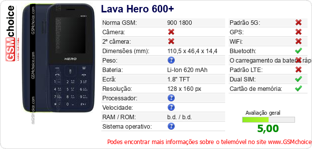 Lava Hero 600+ Especificações técnicas do telemóvel Lava Hero 600+ Especificações técnicas do telemóvel