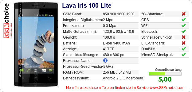Lava Iris 100 Lite technische Daten Lava Iris 100 Lite technische Daten