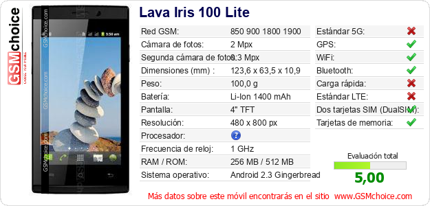 Lava Iris 100 Lite Datos técnicos del móvil 