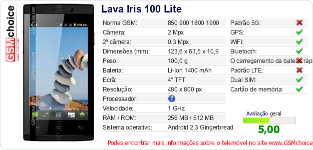Lava Iris 100 Lite Especificações técnicas do telemóvel 