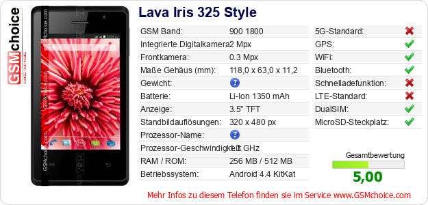 Lava Iris 325 Style technische Daten Lava Iris 325 Style technische Daten