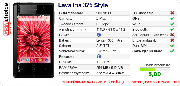 Lava Iris 325 Style Technische gegevens Lava Iris 325 Style Technische gegevens