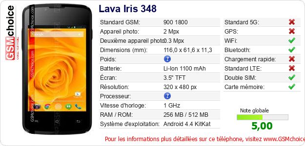 Lava Iris 348 Fiche technique