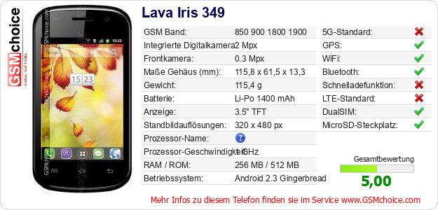 Lava Iris 349 technische Daten Lava Iris 349 technische Daten