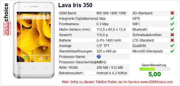 Lava Iris 350 technische Daten Lava Iris 350 technische Daten