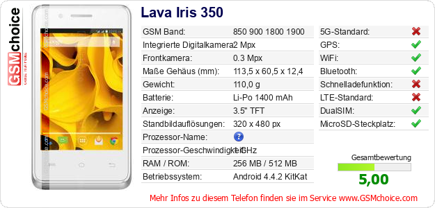 Lava Iris 350 technische Daten Lava Iris 350 technische Daten