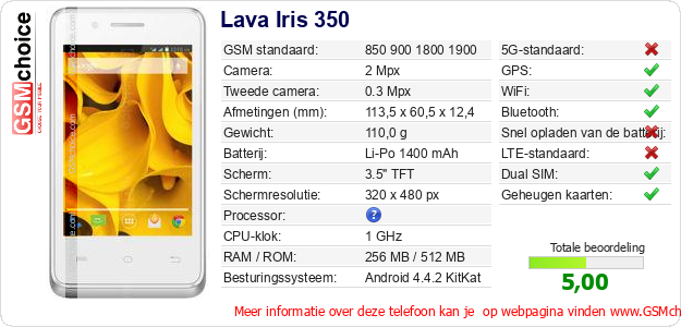 Lava Iris 350 Technische gegevens 