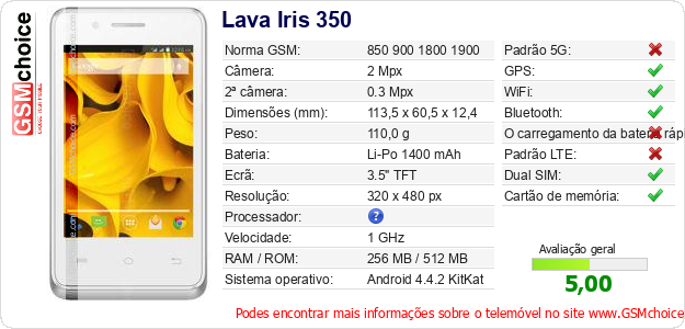 Lava Iris 350 Especificações técnicas do telemóvel 