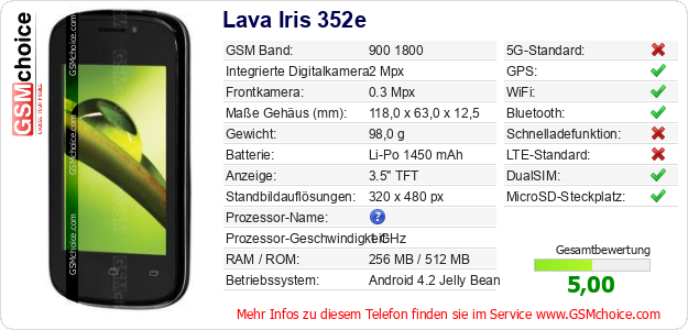 Lava Iris 352e technische Daten Lava Iris 352e technische Daten