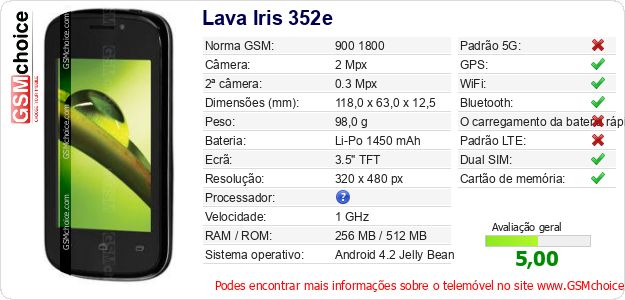Lava Iris 352e Especificações técnicas do telemóvel 