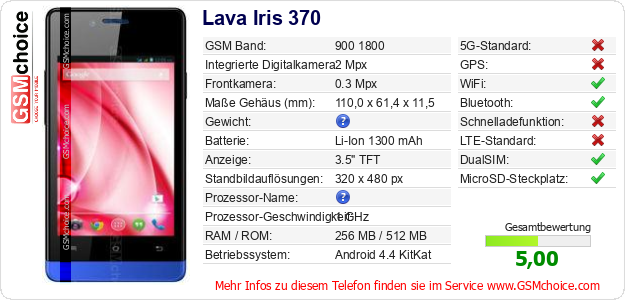 Lava Iris 370 technische Daten Lava Iris 370 technische Daten