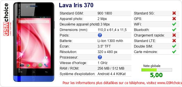 Lava Iris 370 Fiche technique Lava Iris 370 Fiche technique