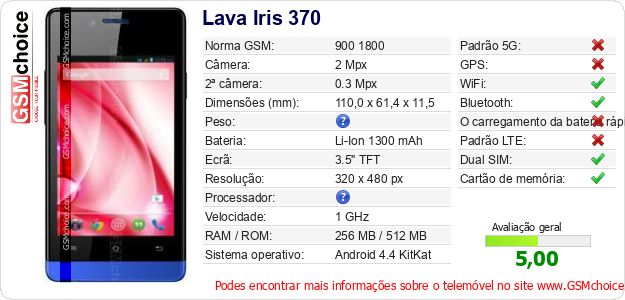 Lava Iris 370 Especificações técnicas do telemóvel Lava Iris 370 Especificações técnicas do telemóvel
