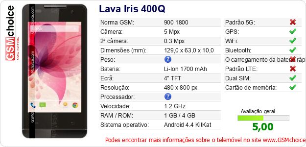 Lava Iris 400Q Especificações técnicas do telemóvel Lava Iris 400Q Especificações técnicas do telemóvel