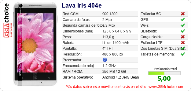 Lava Iris 404e Datos técnicos del móvil Lava Iris 404e Datos técnicos del móvil