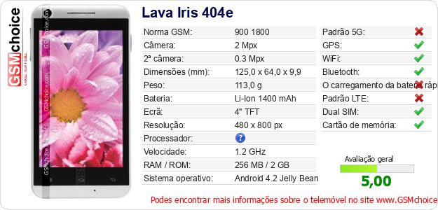 Lava Iris 404e Especificações técnicas do telemóvel Lava Iris 404e Especificações técnicas do telemóvel