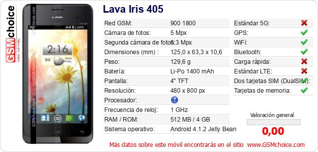 Lava Iris 405 Datos técnicos del móvil Lava Iris 405 Datos técnicos del móvil