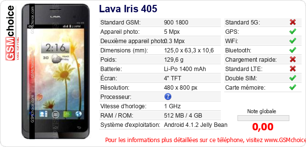 Lava Iris 405 Fiche technique
