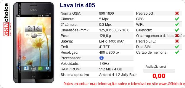 Lava Iris 405 Especificações técnicas do telemóvel Lava Iris 405 Especificações técnicas do telemóvel