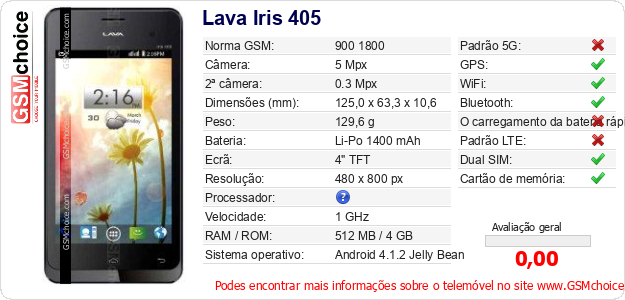 Lava Iris 405 Especificações técnicas do telemóvel 