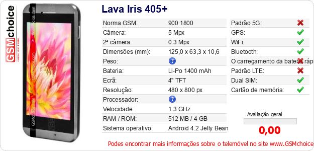 Lava Iris 405+ Especificações técnicas do telemóvel Lava Iris 405+ Especificações técnicas do telemóvel
