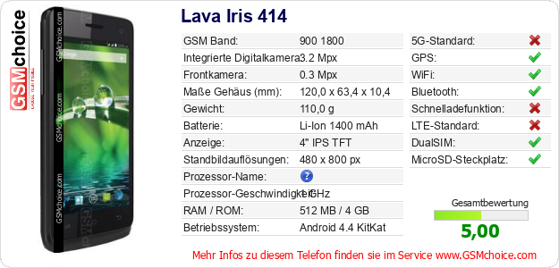 Lava Iris 414 technische Daten Lava Iris 414 technische Daten