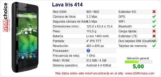 Lava Iris 414 Datos técnicos del móvil 