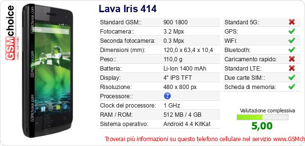 Lava Iris 414 Dati tecnici di telefono cellulare Lava Iris 414 Dati tecnici di telefono cellulare