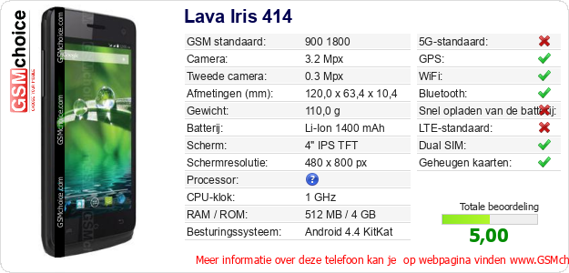 Lava Iris 414 Technische gegevens Lava Iris 414 Technische gegevens